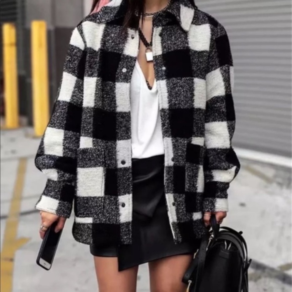 Boyfriend Fit Plaid Jacket Coat Black White - Picture 6 of 16